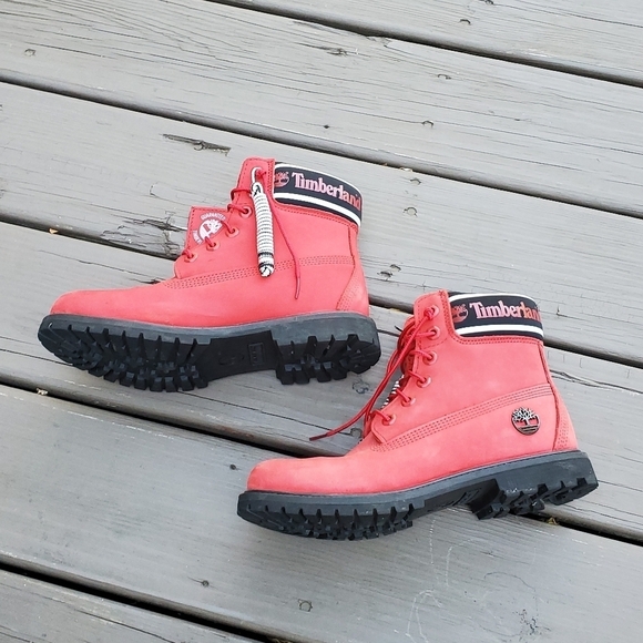Timberland Premium 6" Red Nubuck Logo Spellout Limited Edition RARE HTF Boots - Picture 2 of 7